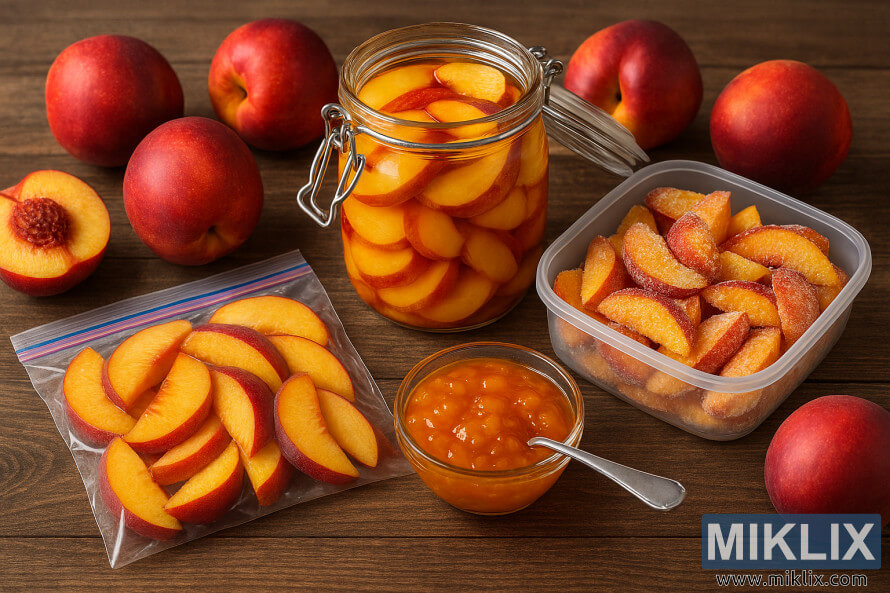 Fresh and preserved nectarines displayed in jars, containers, and freezer bags on a wooden table
