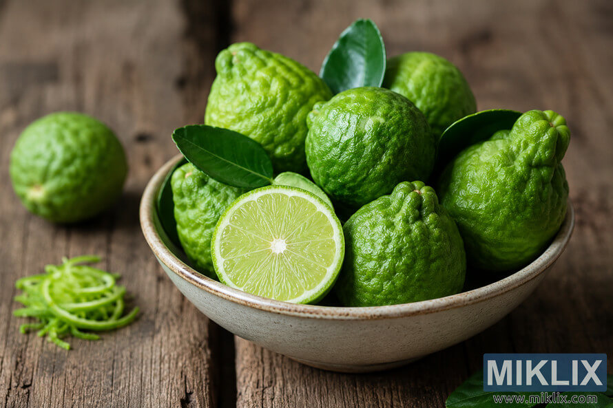 A rustic ceramic bowl filled with fresh green makrut limes sits on a weathered wooden table. One lime is cut in half to reveal its pale green interior, while glossy green leaves and curled lime zest complete the natural still-life composition under soft, warm lighting.