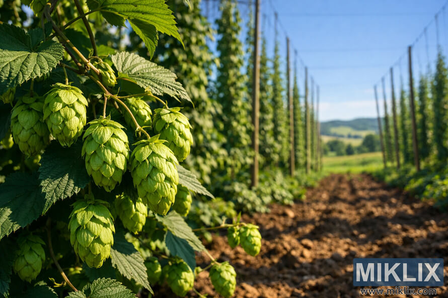 Close-up of lush green Santiam hop cones hanging from twisting vines in a hop field, with trellises, brown earth, blue sky, and distant rolling hills in the background. Close-up of lush green Santiam hop cones hanging from twisting vines in a hop field, with trellises, brown earth, blue sky, and distant rolling hills in the background.