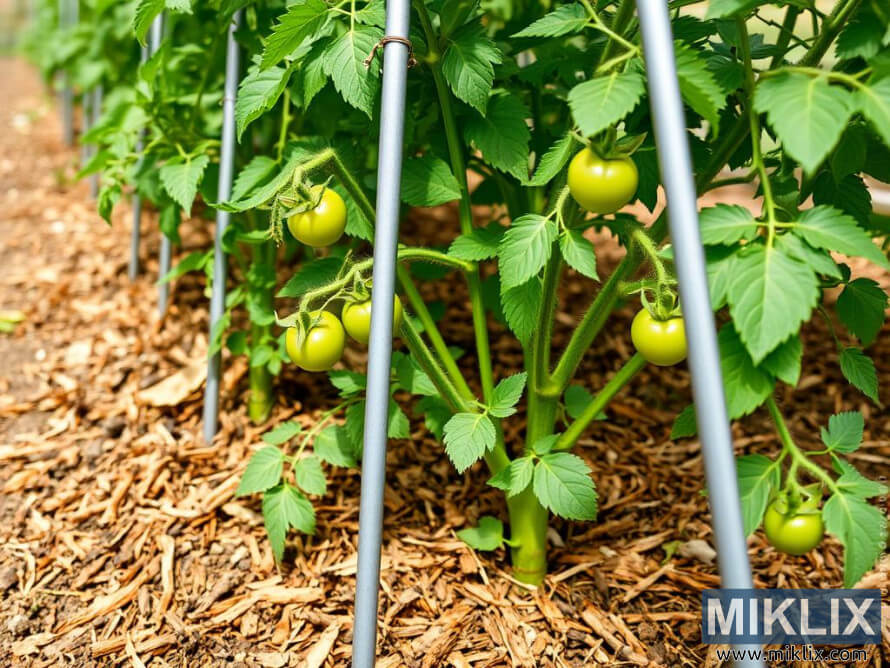 Jeunes plants de tomates Ã  fruits verts soutenus par des piquets dans une plate-bande paillÃ©e.