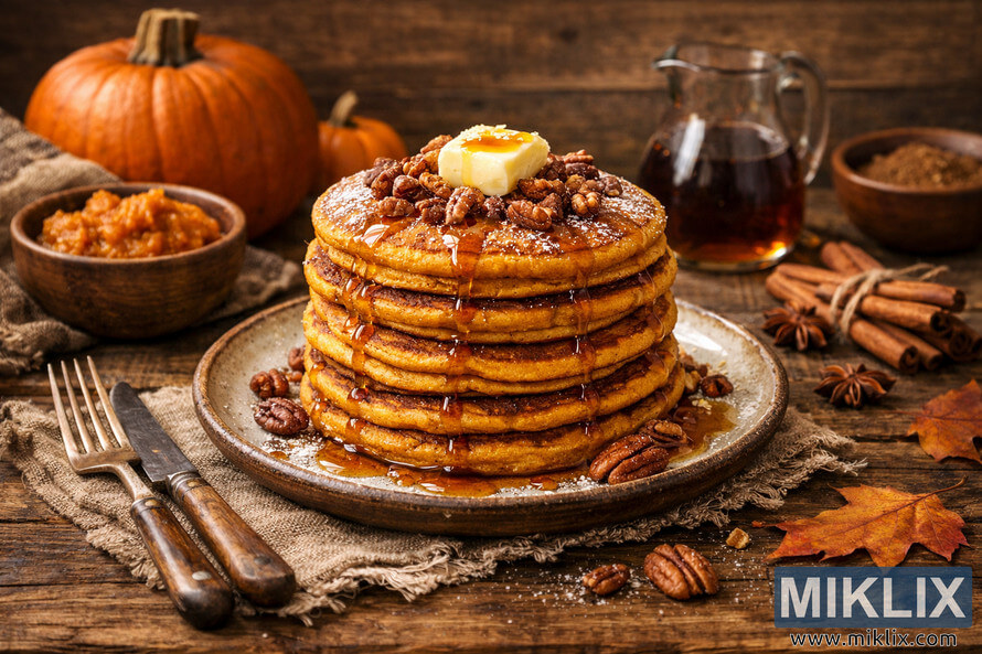 A stack of golden-brown pumpkin pancakes topped with butter, syrup, and pecans on a rustic wooden table surrounded by pumpkins, spices, and autumn leaves.