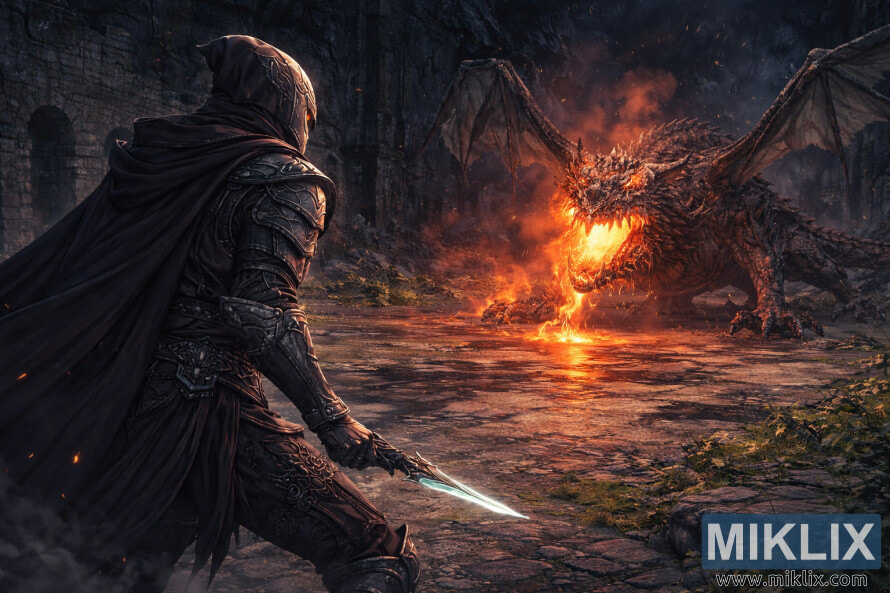 HÃ¬nh minh há»a theo phong cÃ¡ch anime vá» bá» giÃ¡p Tarnished in Black Knife nhÃ¬n tá»« phÃ­a sau bÃªn trÃ¡i, Äá»i máº·t vá»i Magma Wyrm Makar rá»±c lá»­a trong má»t hang Äá»ng Äá» nÃ¡t ngay trÆ°á»c tráº­n chiáº¿n.