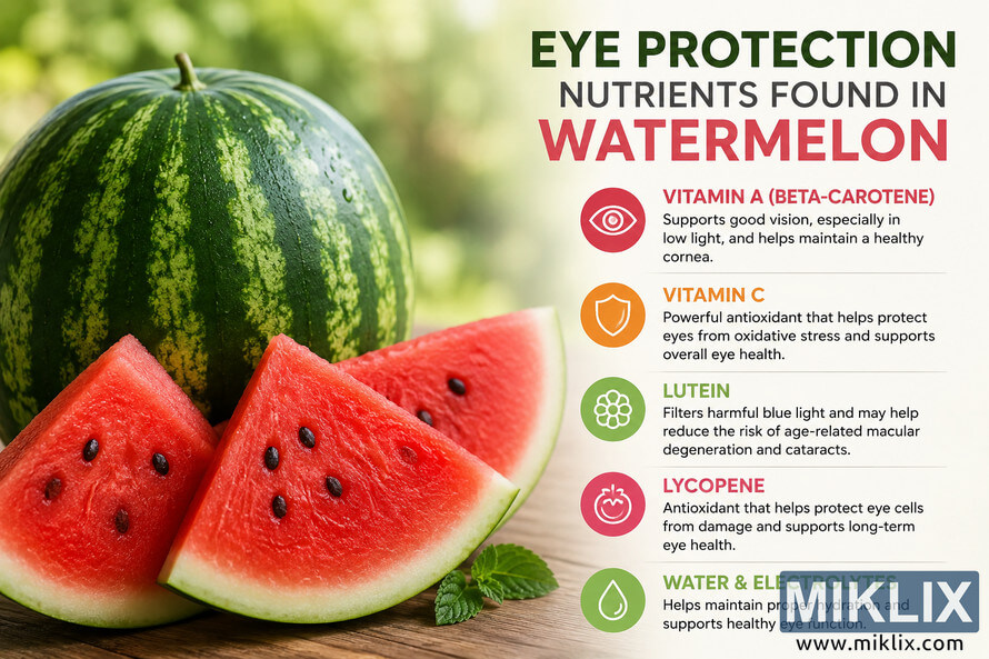 Landscape infographic featuring a whole watermelon and sliced watermelon on the left with a clean nutrition panel on the right highlighting eye-supporting nutrients including vitamin A, vitamin C, lutein, lycopene, and hydration benefits. Colorful circular icons accompany each nutrient against a softly blurred outdoor background. Landscape infographic featuring a whole watermelon and sliced watermelon on the left with a clean nutrition panel on the right highlighting eye-supporting nutrients including vitamin A, vitamin C, lutein, lycopene, and hydration benefits. Colorful circular icons accompany each nutrient against a softly blurred outdoor background.