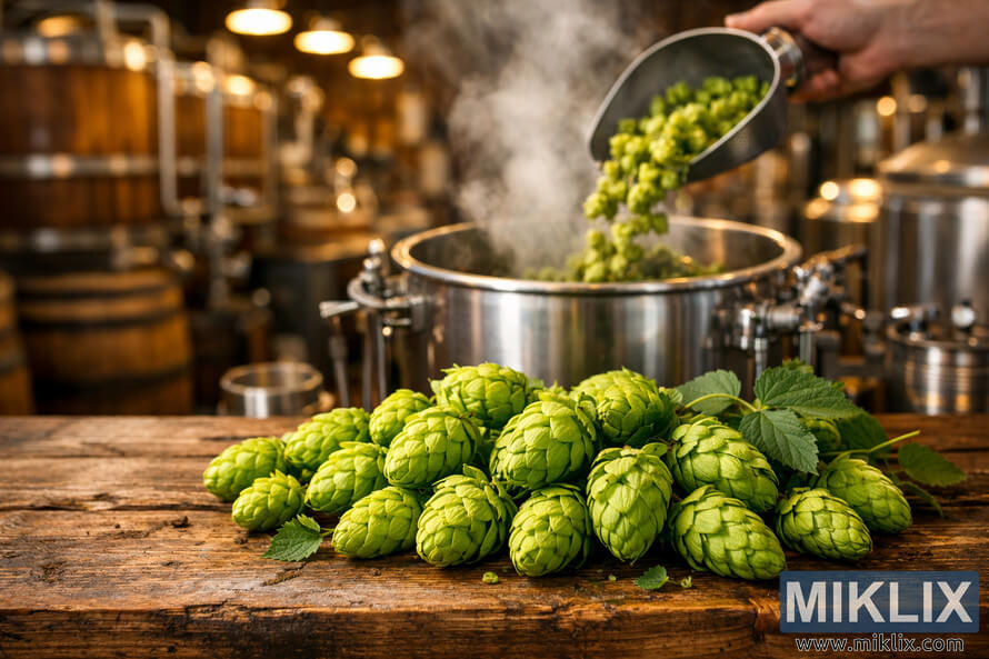 Fresh Coigneau hop cones arranged on a rustic wooden table in the foreground, with a steaming stainless steel brewing kettle and warm-lit barrels in the background.