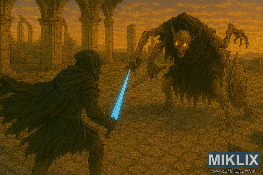 Fan art ÏÎµ ÏÏÏÎ» anime ÏÎ¿Ï Elden Ring ÏÎ¿Ï Î´ÎµÎ¯ÏÎ½ÎµÎ¹ ÏÎ·Î½ ÏÎ±Î½Î¿ÏÎ»Î¯Î± Tarnished in Black Knife Î½Î± Î±Î½ÏÎ¹Î¼ÎµÏÏÏÎ¯Î¶ÎµÎ¹ Î­Î½Î±Î½ Î³ÎºÏÎ¿ÏÎ­ÏÎºÎ¿ Grafted Scion ÏÏÎ¿ Î·Î»Î¹Î¿Î²Î±ÏÎ¯Î»ÎµÎ¼Î±.