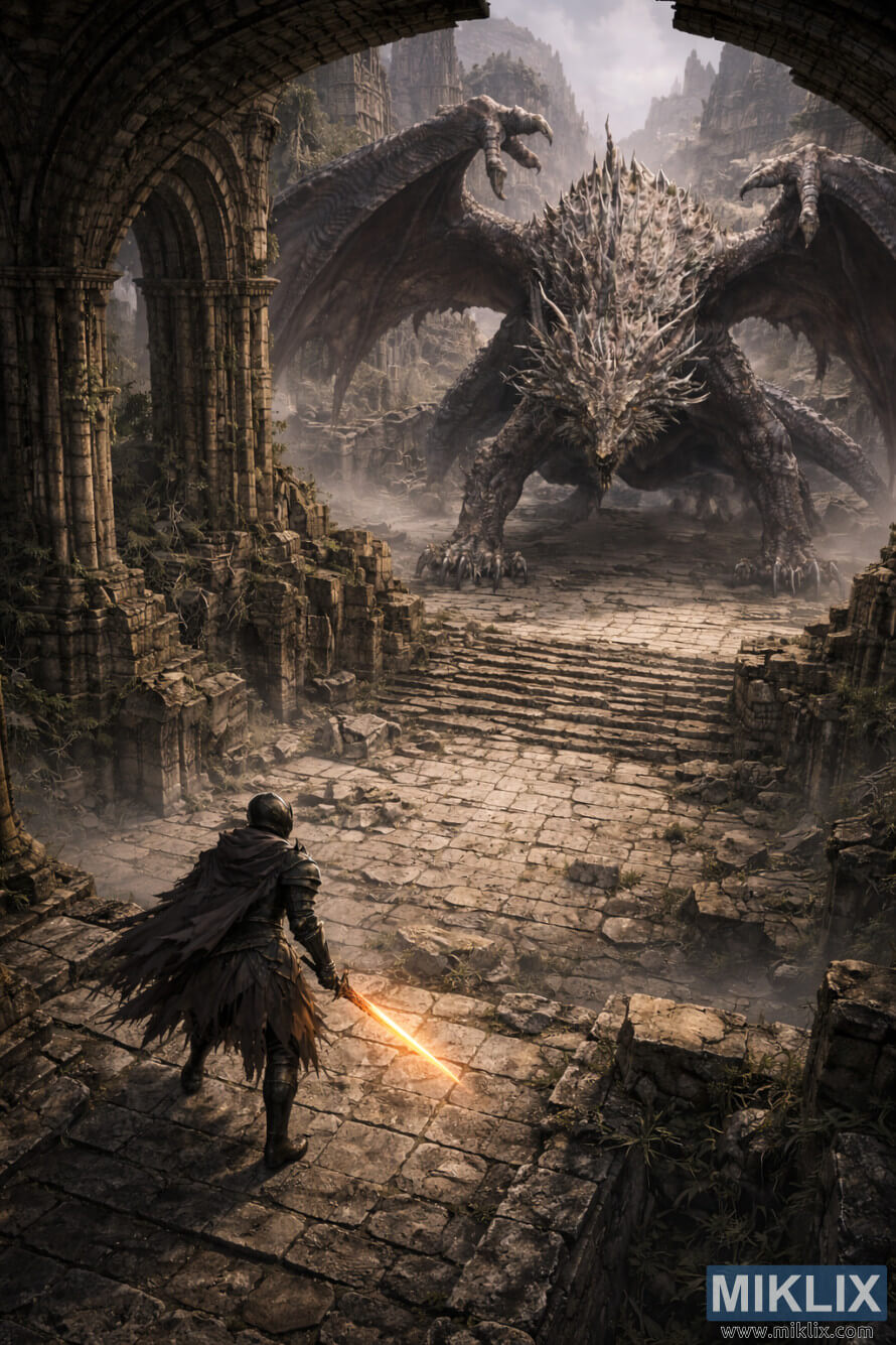 Adegan fantasi poék isometrik ksatria lapis baja kalayan pedang anu hurung nyanghareupan wyvern raksasa di katedral gotik anu runtuh Adegan fantasi poék isometrik ksatria lapis baja kalayan pedang anu hurung nyanghareupan wyvern raksasa di katedral gotik anu runtuh