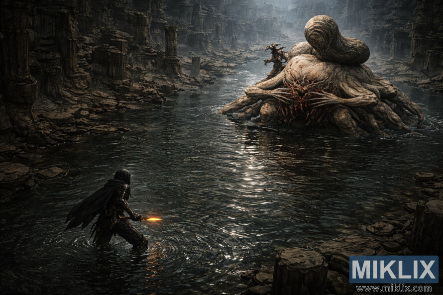 Isometric dark fantasy view of the Tarnished standing in shallow water facing the massive Metyr, Mother of Fingers, within the flooded Finger Ruins of Miyr.