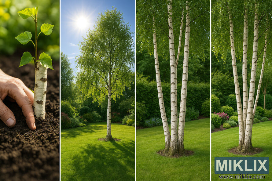 Collage de bouleaux montrant la plantation, la lumiÃ¨re du soleil et lâespacement dans les jardins.