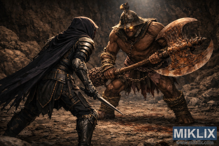 Fan art rÃ©aliste du Sans-Ã©clat en armure de couteau noir affrontant le Duelliste FrÃ©nÃ©tique dans une caverne de pierre sombre.