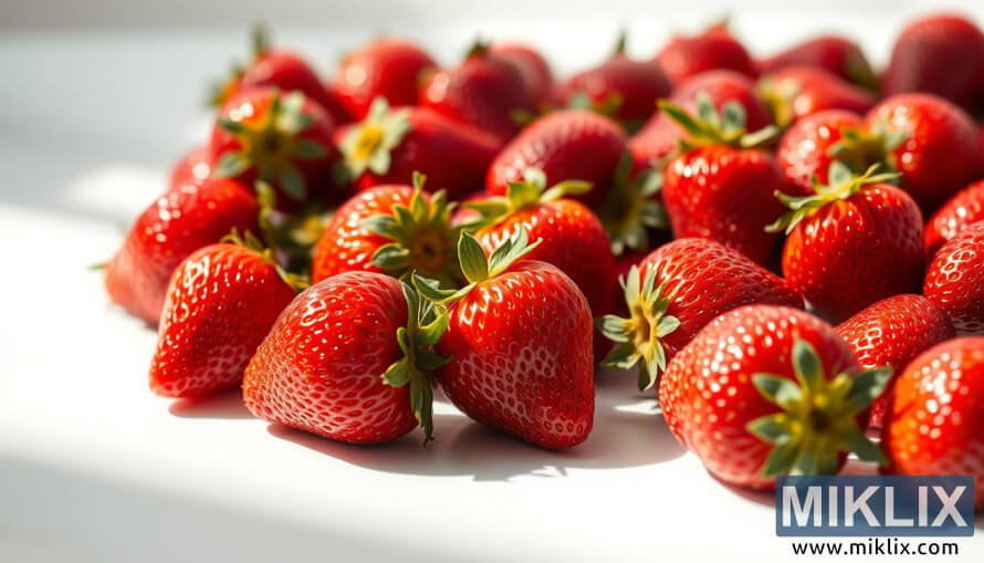 Primer plano de fresas frescas y jugosas brillando bajo la cÃ¡lida luz natural.