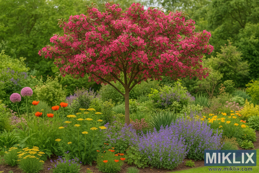 Pommier sauvage en fleurs entourÃ© de vivaces colorÃ©es dans un paysage luxuriant de jardin.