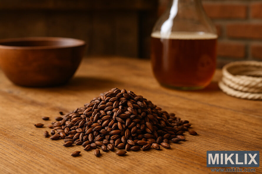 Posnetek od blizu majhnega kupa temnih zrn slada Special B na leseni mizi z nežno zamegljenim domaÄim pivovarskim orodjem v ozadju. Posnetek od blizu majhnega kupa temnih zrn slada Special B na leseni mizi z nežno zamegljenim domaÄim pivovarskim orodjem v ozadju.