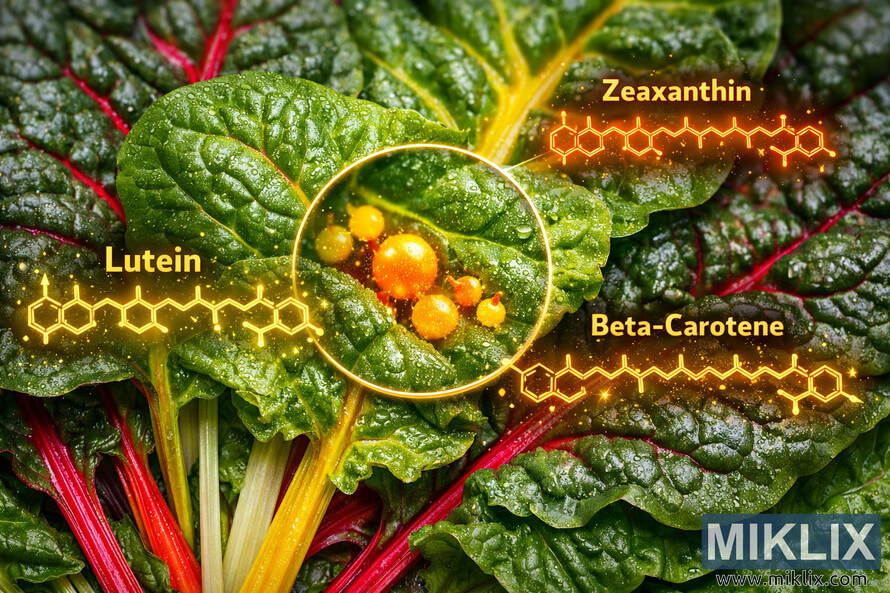 Macro photograph of Swiss chard leaves with glowing molecular structures labeled lutein, zeaxanthin, and beta-carotene, illustrating carotenoid compounds beneficial for eye health.