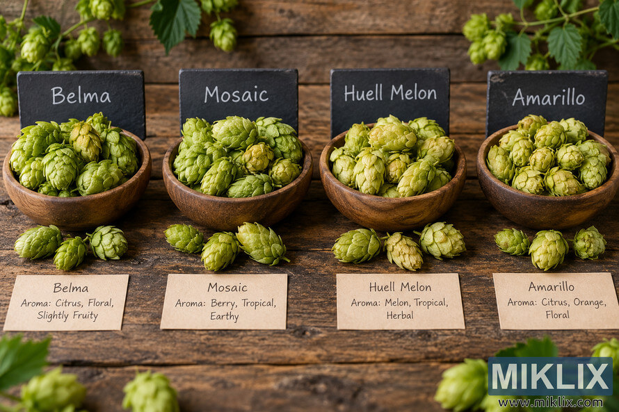 Four wooden bowls of Belma, Mosaic, Huell Melon and Amarillo hop cones arranged side by side on a rustic wooden table, with handwritten variety labels and aroma-note cards. Four wooden bowls of Belma, Mosaic, Huell Melon and Amarillo hop cones arranged side by side on a rustic wooden table, with handwritten variety labels and aroma-note cards.