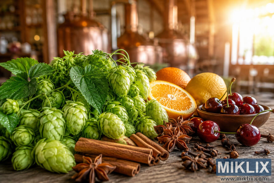 A landscape photograph featuring fresh green Challenger hops with dewdrops surrounded by cinnamon sticks, star anise, cloves, oranges, lemons, and cherries on a rustic wooden table, with softly blurred brewing equipment glowing warmly in the background. A landscape photograph featuring fresh green Challenger hops with dewdrops surrounded by cinnamon sticks, star anise, cloves, oranges, lemons, and cherries on a rustic wooden table, with softly blurred brewing equipment glowing warmly in the background.