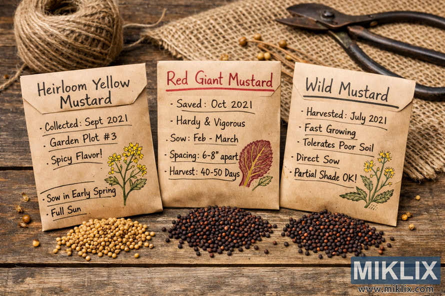 Landscape photo of hand-labeled kraft paper seed envelopes filled with saved mustard seeds, arranged on a rustic wooden table with loose seeds and soft natural light.