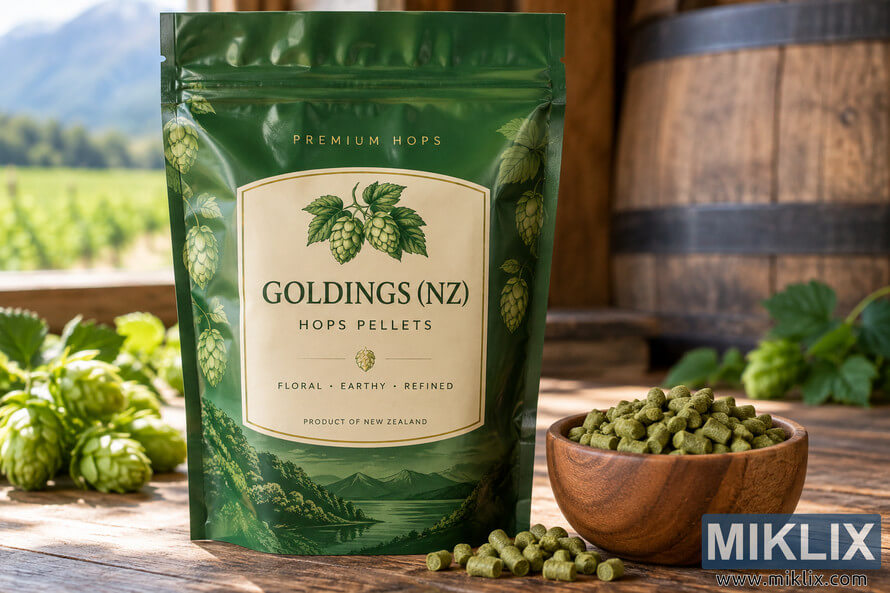 Premium green package of Goldings (NZ) hop pellets beside a wooden bowl of green pellets and fresh hop cones on a rustic table, with a wooden brewing barrel and softly blurred rural landscape in the background.