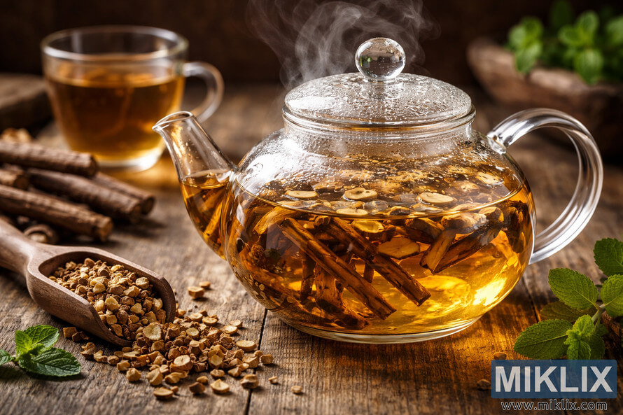 Glass teapot steeping licorice root tea on a rustic wooden table with dried licorice pieces, mint leaves, and a steaming cup in the background. Glass teapot steeping licorice root tea on a rustic wooden table with dried licorice pieces, mint leaves, and a steaming cup in the background.