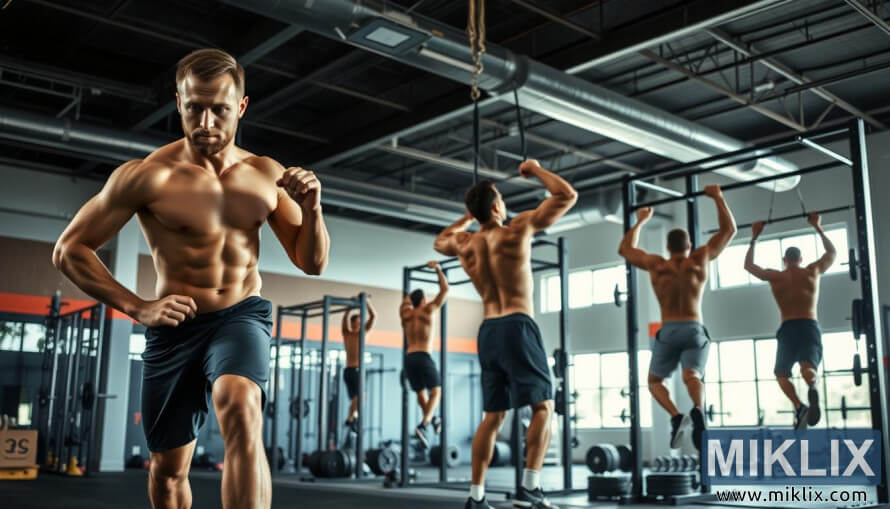 Abasubathi abadlala ama-burgues kanye nama-pull-ups ejimini ekhanyayo, yesimanje ye-crossfit.