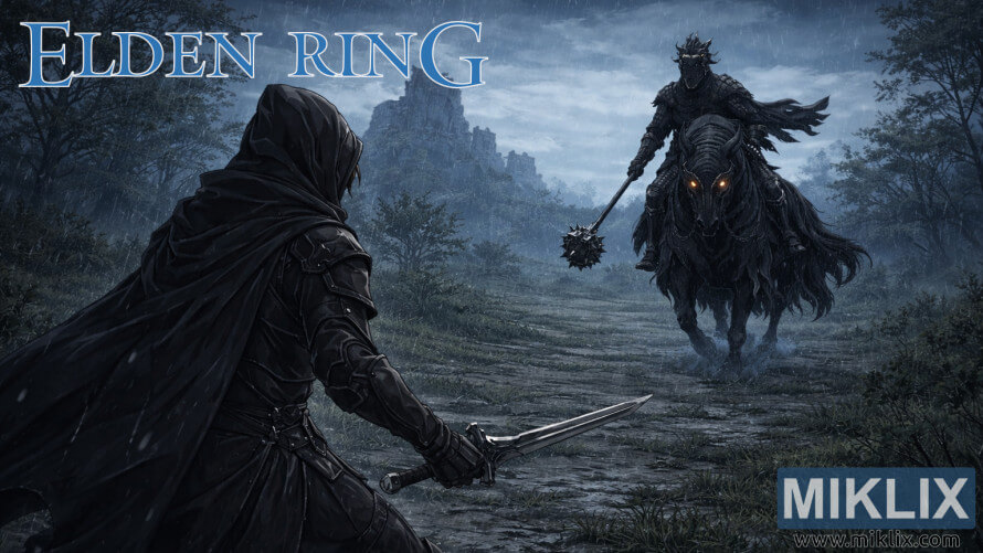 Dark fantasy fan art of a cloaked warrior in Black Knife armor facing the mounted Night’s Cavalry boss on a rainy path in the Weeping Peninsula from Elden Ring. Dark fantasy fan art of a cloaked warrior in Black Knife armor facing the mounted Night’s Cavalry boss on a rainy path in the Weeping Peninsula from Elden Ring.