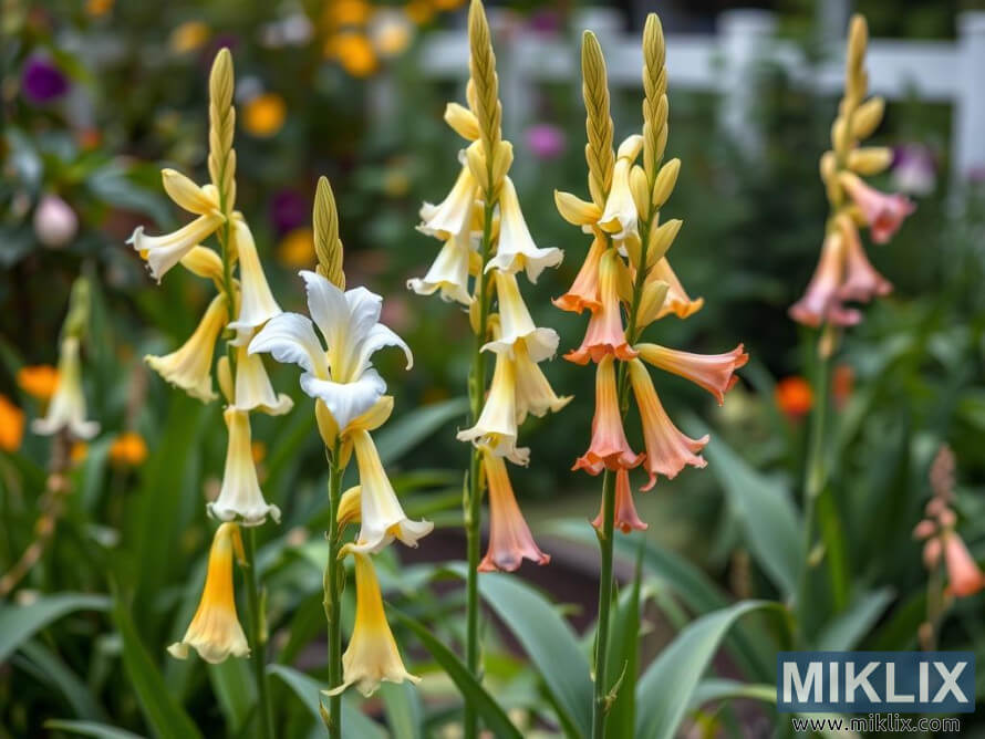 Grappe de lys pastel en forme de trompette avec des pÃ©tales gracieux dans un jardin serein.
