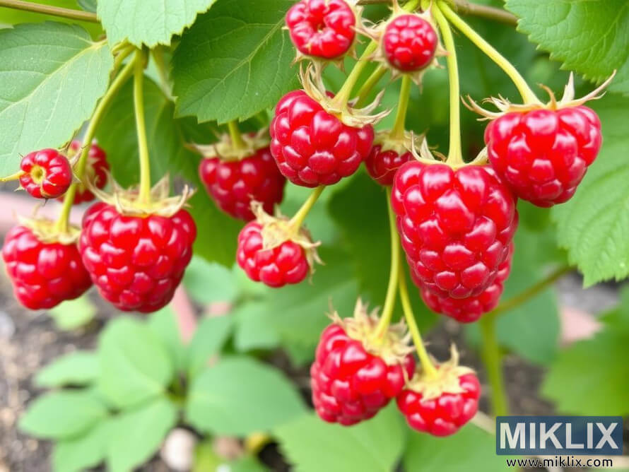 Ripe red raspberries on a bush with green leaves in sunlight.