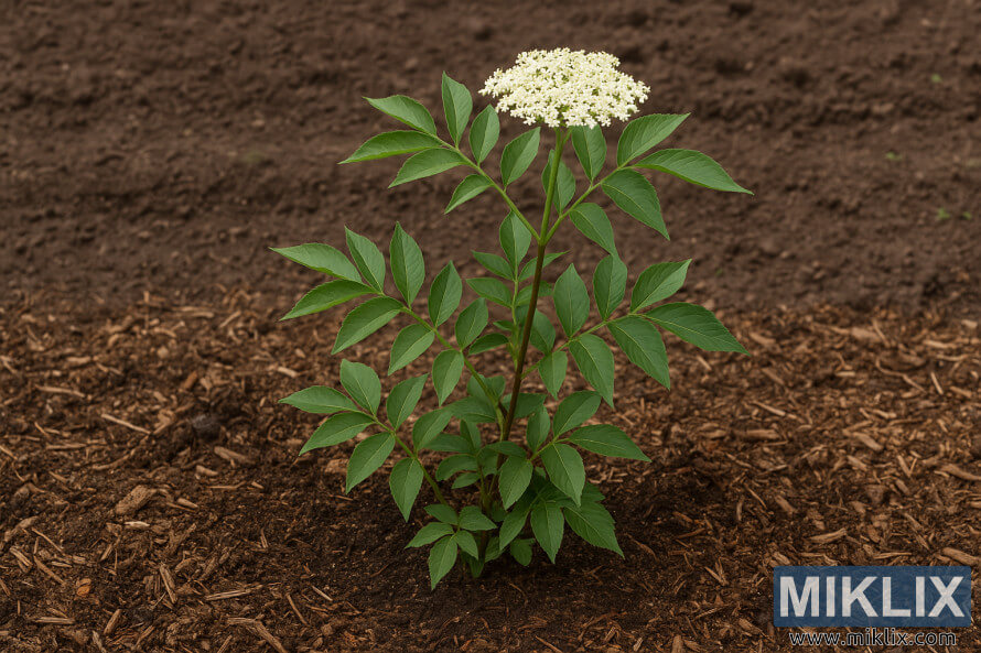 Tutuwuhan elderberry ngora kalawan daun hÃ©jo sarta blossoms bodas tumuwuh dina taneuh euyeub ditutupan ku mulch coklat.