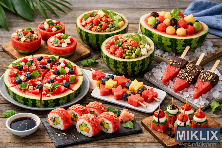 A vibrant landscape photo displaying creative watermelon-based dishes including watermelon pizza, fruit skewers, poke bowls, salad cups, popsicles, caprese bites, sushi rolls, and fruit salad boats arranged on a rustic wooden table. A vibrant landscape photo displaying creative watermelon-based dishes including watermelon pizza, fruit skewers, poke bowls, salad cups, popsicles, caprese bites, sushi rolls, and fruit salad boats arranged on a rustic wooden table.