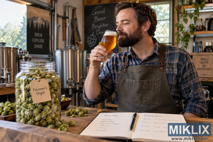 Homebrewer in a rustic brewing workshop smelling a glass of golden-amber beer beside a jar of Falconer's Flight hops, brewing equipment, loose hop cones, and an open tasting notebook. Homebrewer in a rustic brewing workshop smelling a glass of golden-amber beer beside a jar of Falconer's Flight hops, brewing equipment, loose hop cones, and an open tasting notebook.