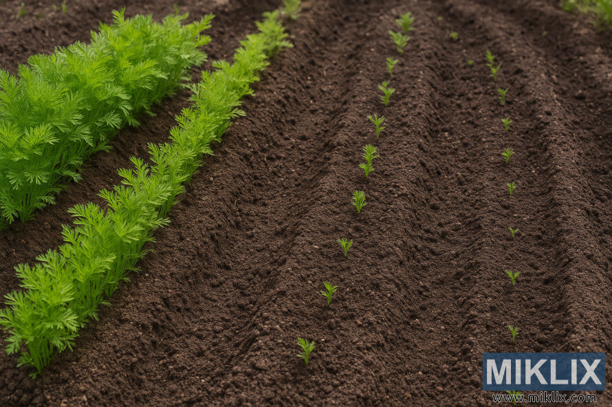 Cantero que muestra filas de plantas de zanahoria en diferentes etapas de crecimiento.
