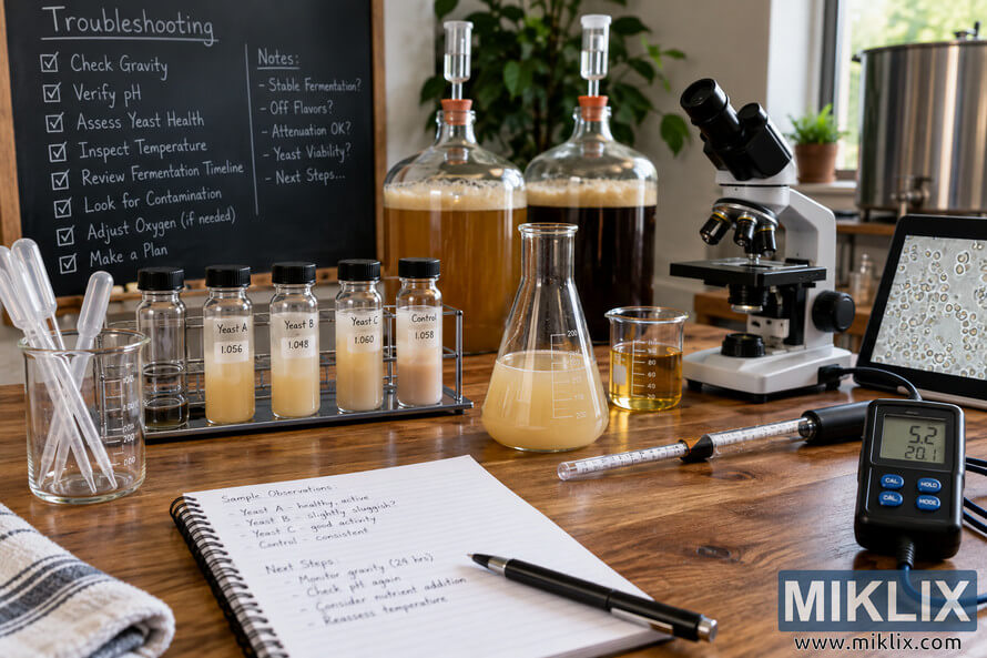 Brewing troubleshooting workspace with labeled liquid yeast samples, fermentation vessels, microscope, glassware, digital meter, notebook, and testing equipment.