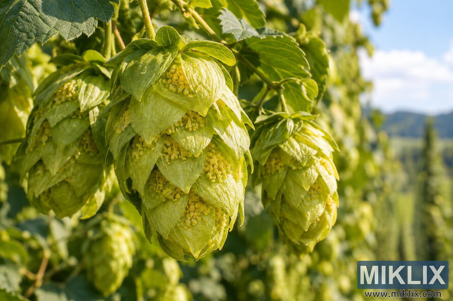 Photorealistic macro view of fresh golden-green hop cones growing on the vine in warm sunlight, with detailed yellow lupulin glands visible between the layered bracts and a softly blurred hop field in the background. Photorealistic macro view of fresh golden-green hop cones growing on the vine in warm sunlight, with detailed yellow lupulin glands visible between the layered bracts and a softly blurred hop field in the background.