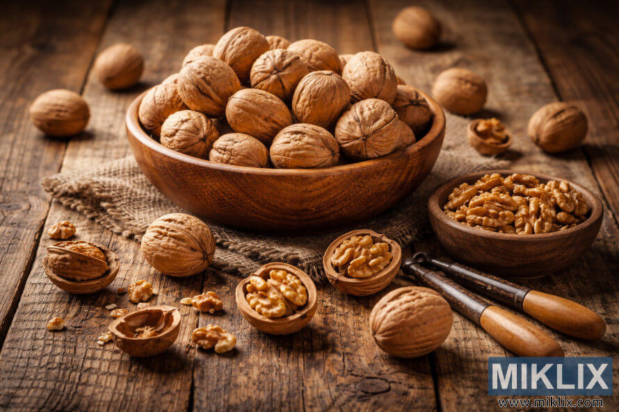 Skleda celih in zdrobljenih orehov z jedrci in starinskim orehom na rustikalni leseni mizi Skleda celih in zdrobljenih orehov z jedrci in starinskim orehom na rustikalni leseni mizi
