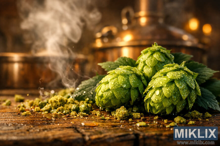 Low-angle close-up of dew-covered Nugget hop cones on a rustic wooden table with crushed hops, aromatic oils, and a softly blurred brew kettle steaming in warm ambient light.