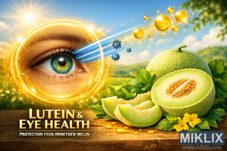 Illustration showing a human eye protected by lutein from honeydew melon, with golden shield deflecting blue light rays and melons in the foreground. Illustration showing a human eye protected by lutein from honeydew melon, with golden shield deflecting blue light rays and melons in the foreground.