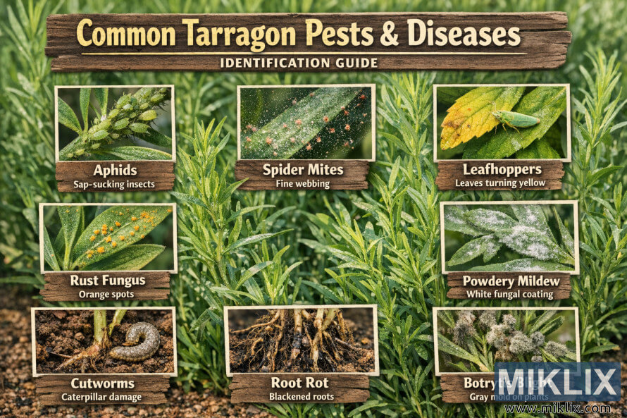 Infográfico sobre a paisagem mostrando as pragas e doenças comuns do estragão, incluindo pulgões, ácaros, cigarrinhas, ferrugem, oÃdio, lagartas-rosca, podridão radicular e botritis, com fotos legendadas para identificação. Infográfico sobre a paisagem mostrando as pragas e doenças comuns do estragão, incluindo pulgões, ácaros, cigarrinhas, ferrugem, oÃdio, lagartas-rosca, podridão radicular e botritis, com fotos legendadas para identificação.
