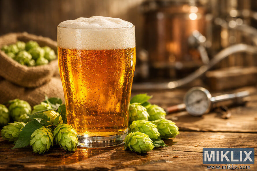 Close-up of a pint glass filled with golden beer on a rustic wooden table, surrounded by fresh green Sticklebract hop cones at the base. Close-up of a pint glass filled with golden beer on a rustic wooden table, surrounded by fresh green Sticklebract hop cones at the base.