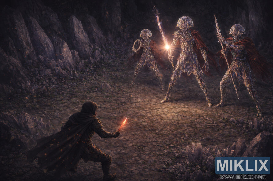 High-angle realistic fantasy artwork of the Tarnished in Black Knife armor facing three towering Putrid Crystalians in a dark crystal cavern.