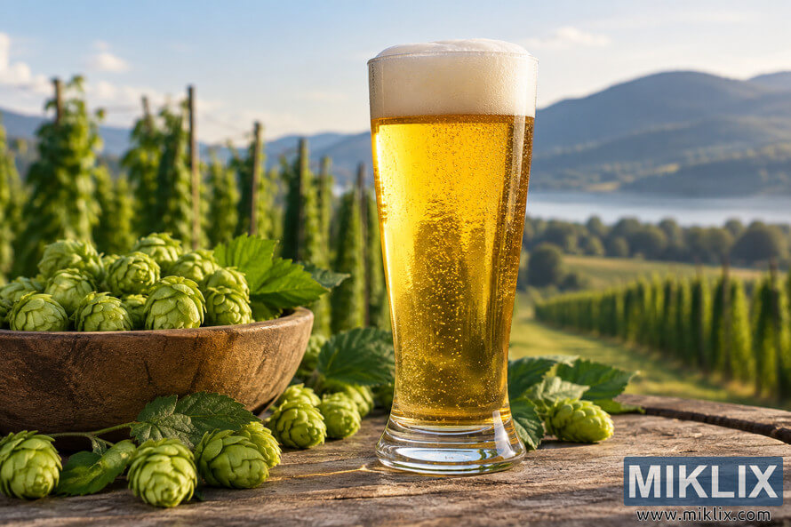 Golden pilsner beer with a thick white foam head in a traditional tall glass, surrounded by fresh green Alliance hop cones and leaves on a rustic wooden table overlooking a sunlit hop garden. Golden pilsner beer with a thick white foam head in a traditional tall glass, surrounded by fresh green Alliance hop cones and leaves on a rustic wooden table overlooking a sunlit hop garden.