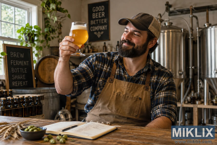 Bearded homebrewer in a plaid shirt and canvas apron smiles at a glass of hazy golden ale in a rustic brewing room with stainless-steel equipment.