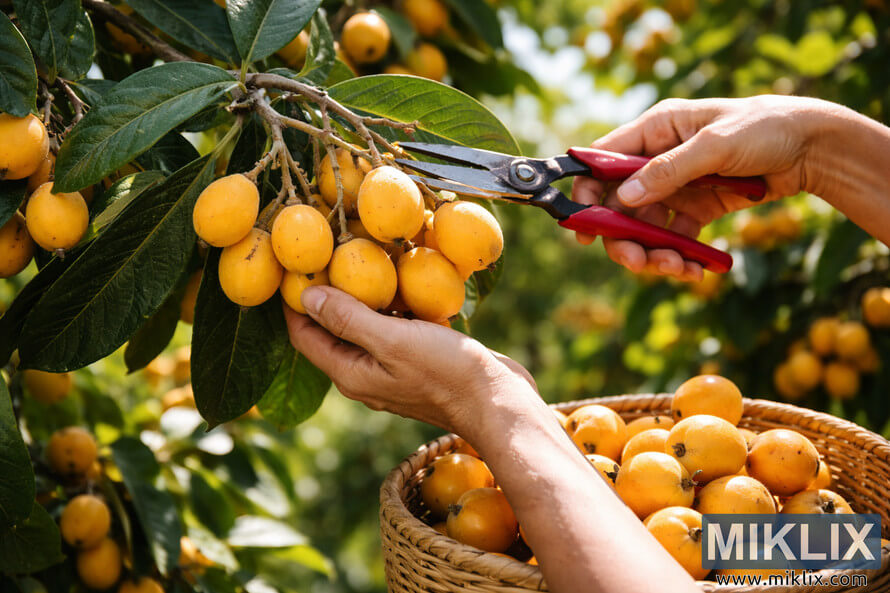 Hands using pruning shears to harvest clusters of ripe yellow-orange loquats from a leafy tree above a wicker basket filled with fruit. Hands using pruning shears to harvest clusters of ripe yellow-orange loquats from a leafy tree above a wicker basket filled with fruit.