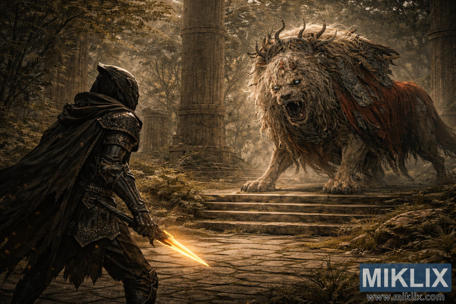 Realistic dark fantasy artwork showing the Tarnished from behind on the left, holding a glowing dagger while facing a massive Divine Beast Dancing Lion in the overgrown Ancient Ruins of Rauh. Realistic dark fantasy artwork showing the Tarnished from behind on the left, holding a glowing dagger while facing a massive Divine Beast Dancing Lion in the overgrown Ancient Ruins of Rauh.