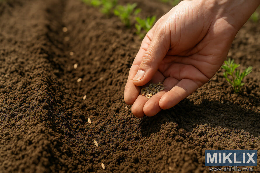 Un primer plano de una mano plantando semillas de zanahoria en una hilera de jardÃ­n preparada.