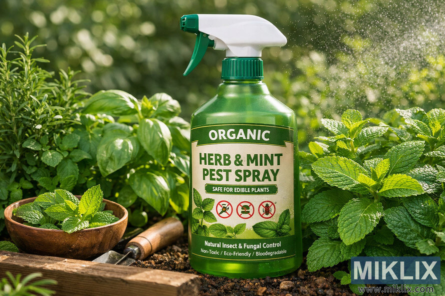 Organic herb and mint pest spray bottle placed among fresh mint and basil plants in a sunlit garden bed.