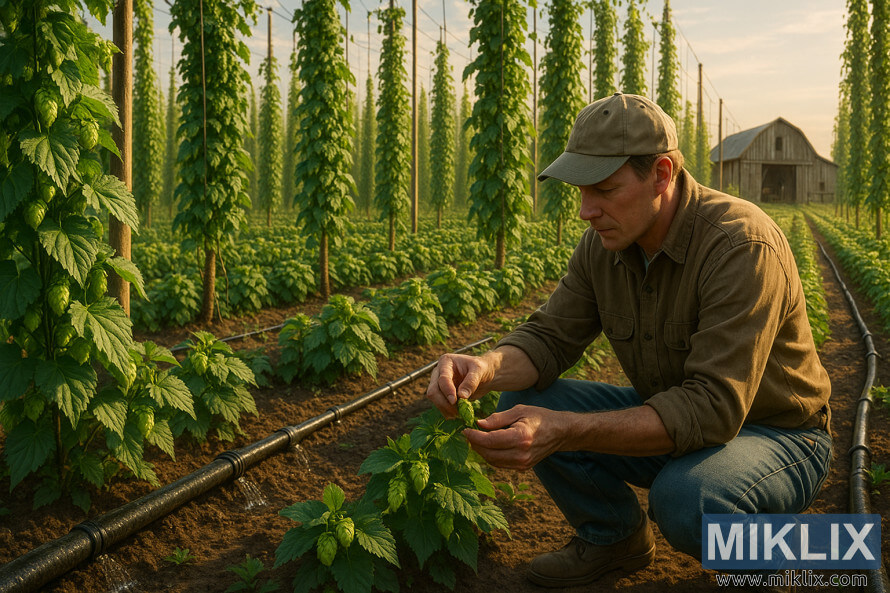 Agricultor cuidando de exuberantes trepadeiras de lúpulo em um campo ensolarado com treliças e celeiro. Agricultor cuidando de exuberantes trepadeiras de lúpulo em um campo ensolarado com treliças e celeiro.