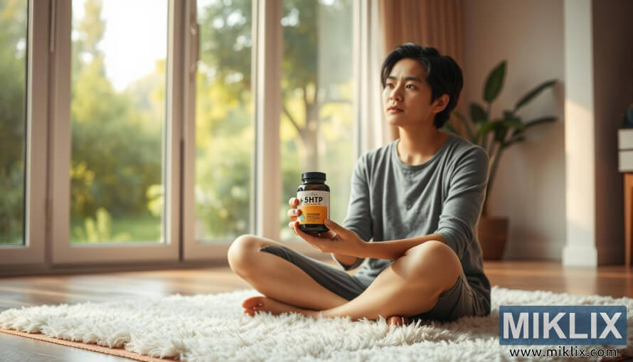 Persona asseguda amb les cames creuades sostenint suplements de 5-HTP amb llum natural suau.