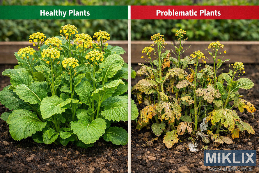 Side-by-side comparison of healthy mustard plants with lush green leaves and yellow flowers versus damaged mustard plants with yellowing leaves, pests, and dry soil in a garden bed.
