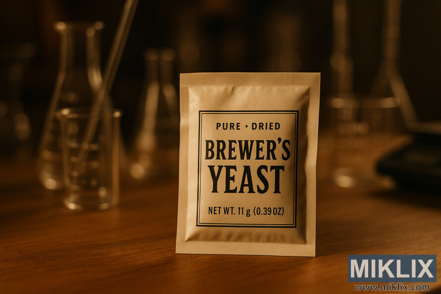 Karamin jakar takarda mai lakabin Brewer's Yeast akan teburi na katako tare da tarkacen dakin gwaje-gwaje. Karamin jakar takarda mai lakabin Brewer's Yeast akan teburi na katako tare da tarkacen dakin gwaje-gwaje.