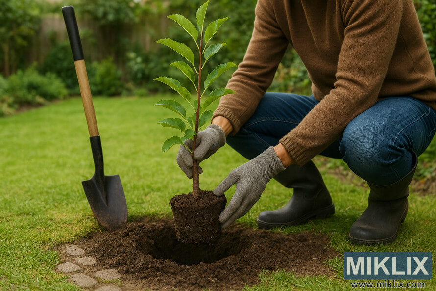 Tukang kebun menanam anak pokok epal muda dengan tangan bersarung di tanah yang baru digali.