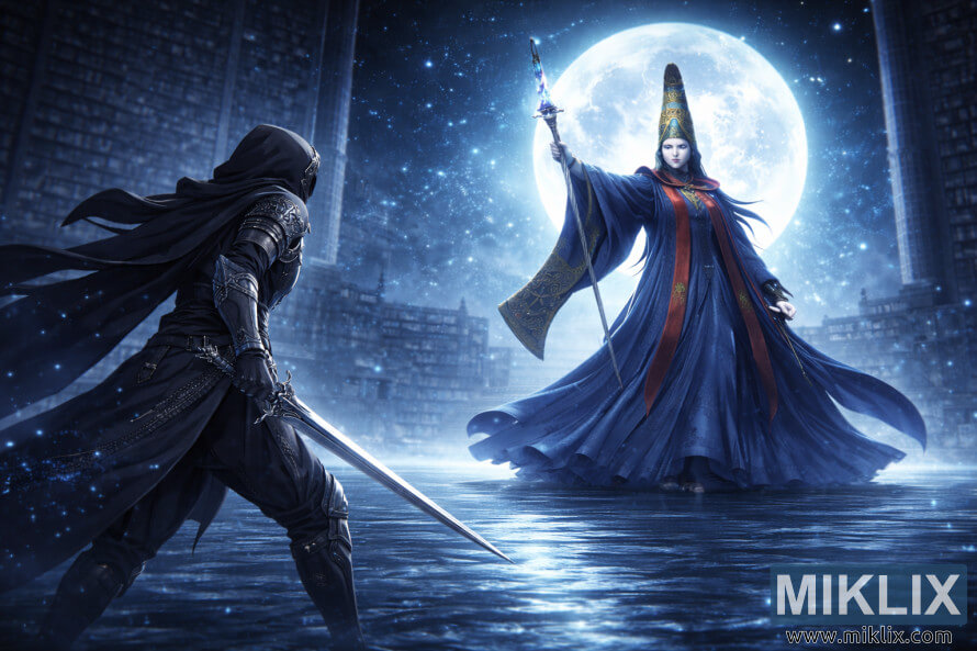 Fan art de style anime montrant le Sans-Ã©clat par derriÃ¨re Ã  gauche avec une Ã©pÃ©e, faisant face Ã  une Rennala beaucoup plus grande, Reine de la Pleine Lune, dans la bibliothÃ¨que baignÃ©e de lune de lâAcadÃ©mie Raya Lucaria.